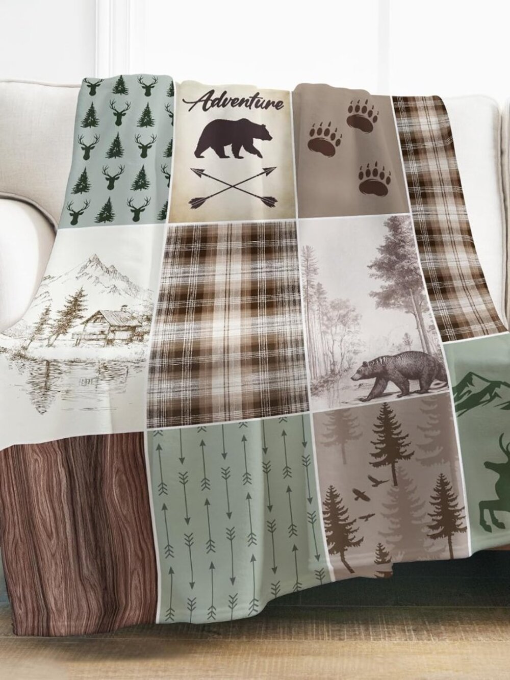 Cabin Rustic Throw Blanket for Men 60"x50", Bear Deer Country Hunting Gifts Wild